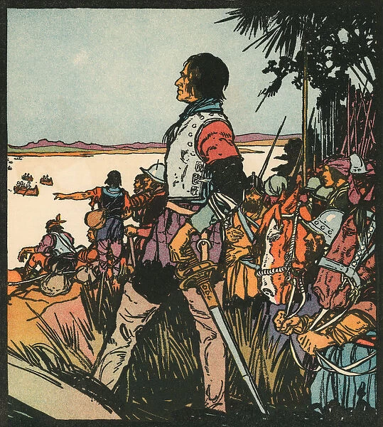 Explorers: Hernando De Soto on the Mississippi River, 1931 (woodcut print)