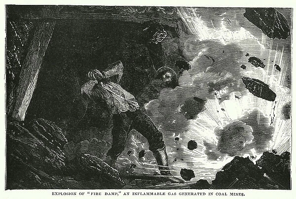 Explosion of 'fire damp,' an inflammable gas generated in coal mines (engraving)