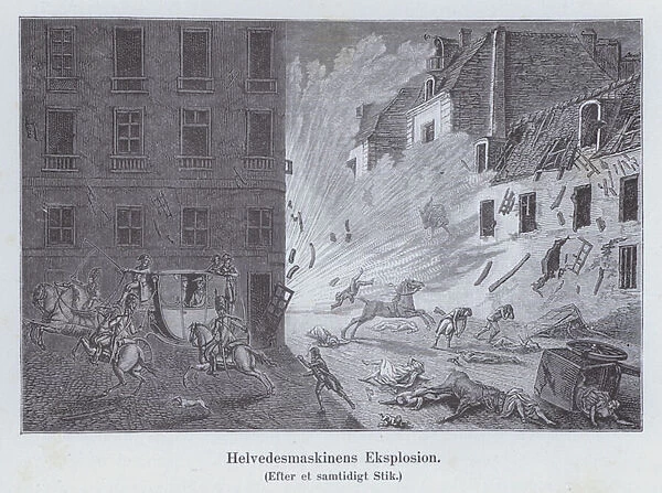 Explosion of the machine infernale, bomb intended to assassinate Napoleon Bonaparte, Rue Saint-Nicaise, Paris, 1800 (litho)