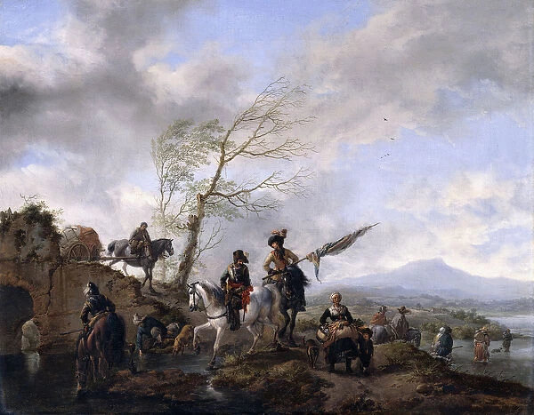 An Extensive River Landscape with Soldiers and a Standard Bearer Watering their Horses