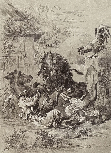 The Fables of Aesop: The Ass, the Lion, and the Cock (litho)