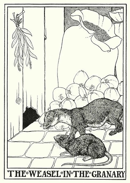 Fables of La Fontaine: The weasel in the granary (litho)