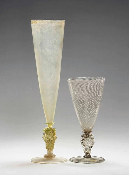 A Facon-de-Venise Latticinio wine glass and a flute, both late 16th century
