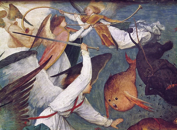 The Fall of the Rebel Angels, detail of angels fighting and playing music (oil on panel)