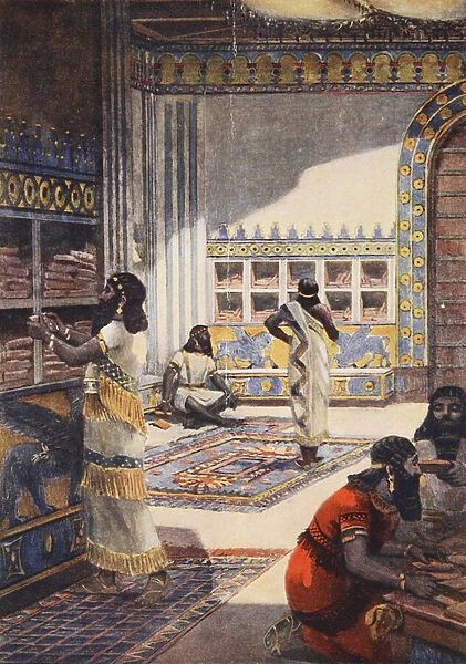 The Famous Library of King Ashur-Bani-Pal, at Nineveh, illustration from