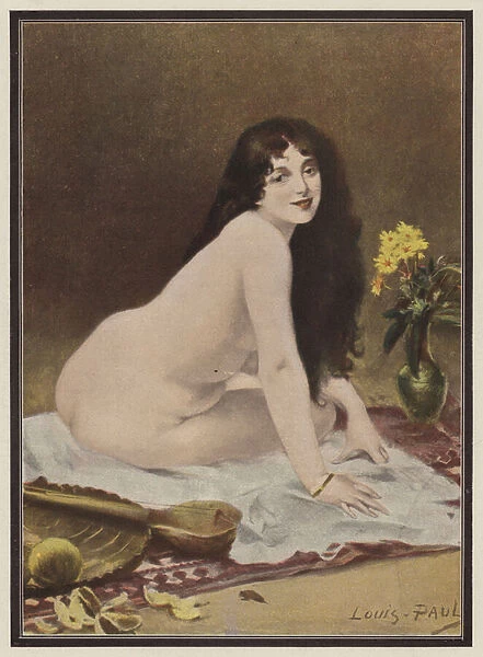 Fantasy, woman sitting on a rug (colour litho)