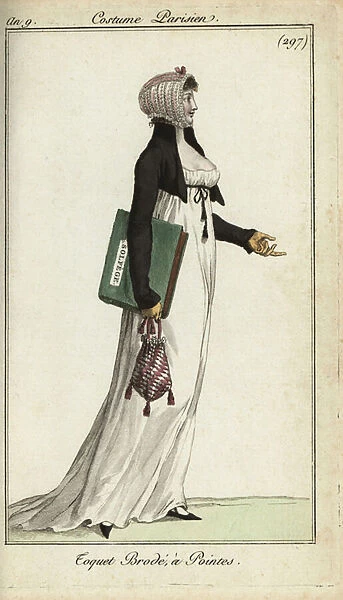 Fashionable woman in an embroidered toque cap, 1801 (handcoloured copperplate engraving)