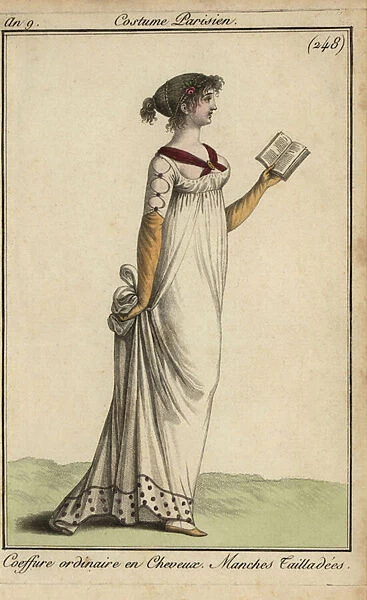 Fashionable woman reading a book, 1800 (handcoloured copperplate engraving)