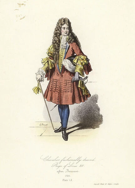 Fashionably dressed knight of the reign of Louis XIV of France (coloured engraving)