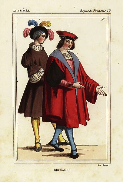 Fashions of bourgeois men of Paris, reign of King Francis I of France. Handcoloured lithograph after a miniature in a manuscript in the Bibliotheque Nationale (Nicolas Xavier Willemin II 191)
