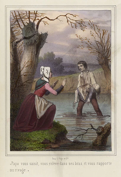 A father saving his child from drowning in a river (colour litho)
