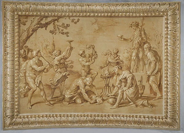 Faux gilded relief, with Bacchus and a scene of a sacrifice, 1650-52 (wall tempera painting)