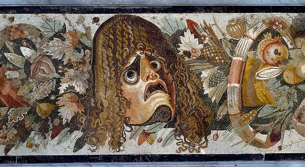 Festoon with tragic mask, leaves and fruits. Detail. 2nd century BC. (mosaic)