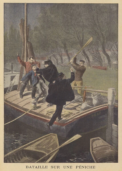 A fight on a barge (colour litho)