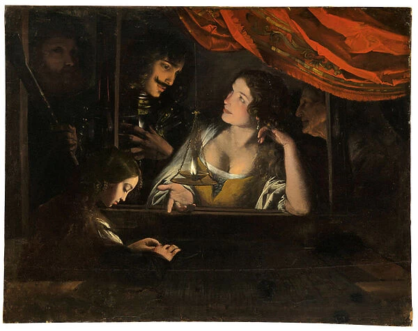 Figures in an interior around a lantern (oil on canvas)