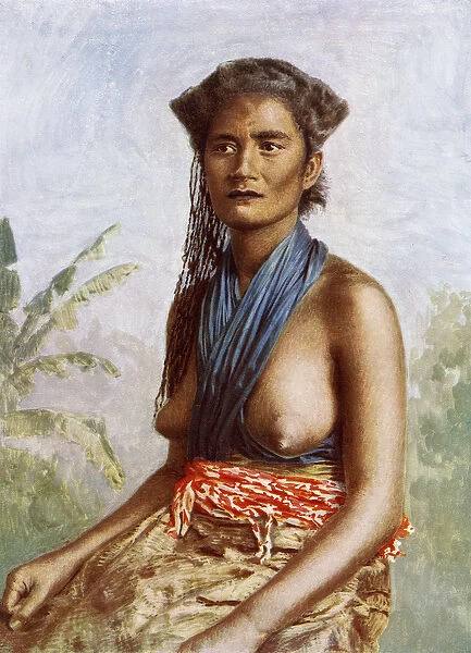 Fiji woman in traditional dress, c. 1900 (colour litho)