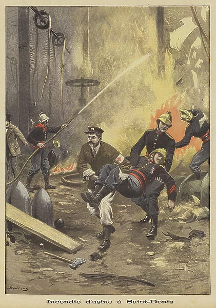 Fire in a factory in Saint-Denis (colour litho)