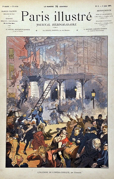 Fire of the Opera Comique (Opera-Comique) in Paris on 25 May 1887 during the performance of Ambroise Thomass first act of 'Mignon'. Illustration by Eugene Courboin (1815-1917)