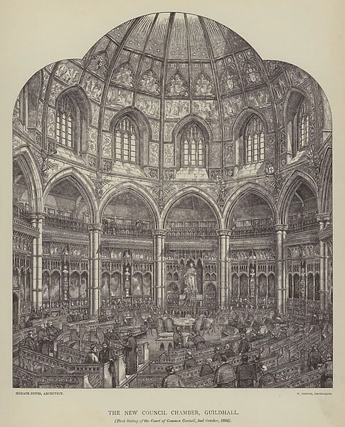 First sitting of the Court of Common Council in the new Council Chamber designed by Horace Jones, Guildhall, City of London, 1884 (engraving)