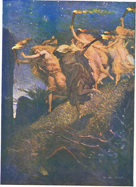 First Walpurgis Night: 'Through the gloom lead and follow, In and out each rocky hollow'(colour litho)