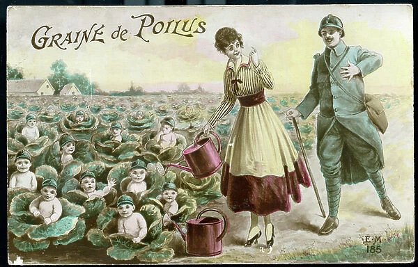 First World War: France, Drawed postcard showing a woman watering cabbage fields with bees wearing helmets and ready for the next war, titled '' hairy seed', 1916