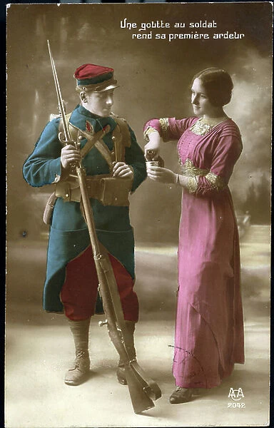 First World War: France, Patriotic Carre showing a young woman serving alcohol to a French soldier armed in uniform and saying ' a drop to the soldier makes his first ardor', 1914