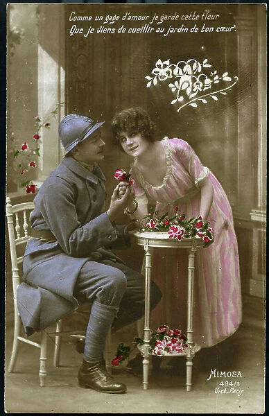 First World War: France, Patriotic Greeting Card showing a soldier in uniform regaining his fiance on leave, 1918