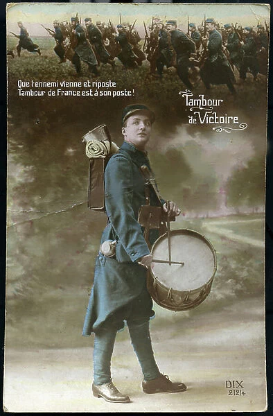 First World War: France, Patriotic Map showing a drum titled'' Victory Drum '''' That the enemy come and retaliate drum from France is at his post! '' , 1915