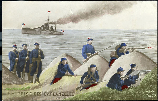 First World War: France, Patriotic Map showing the capture of the dardanelles by the French army, 1915