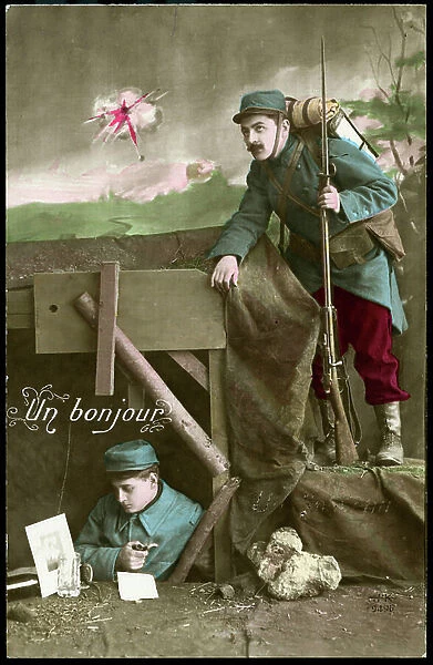 First World War: France, Patriotic Map showing two soldiers in a bucolic trench, one rising guard and the other contemplating next to a glass of beer the photo of his fiance, entitled 'a good day', 1915