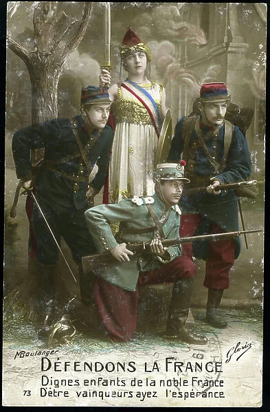 First World War: France, Patriotic Map showing two French soldiers and an Italian soldier defending France under the leadership of the Republic and his Phrygian cap, 1915, Map titled: Defendendons la France