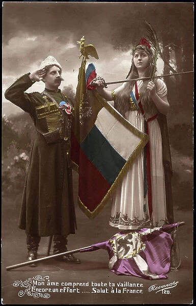 First World War: France, Patriotic Map showing a Russian soldier bringing a German flag to a young girl in a Phrygian hat representing the republic, 1914
