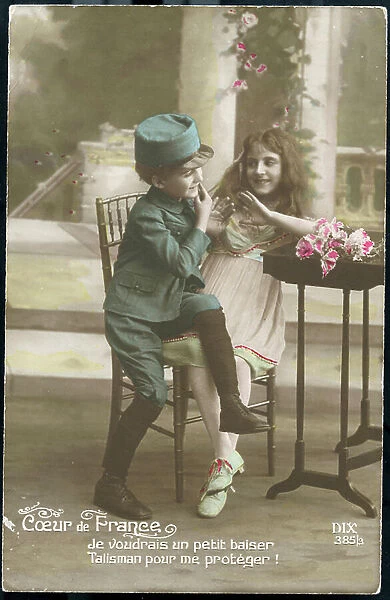 First World War: France, Patriotic Map showing a little boy dresses as a soldier and a little girl mumbles a scene of the soldier on leave claiming a kiss as a good luck before going back to battle, 1916, 'heart of France'