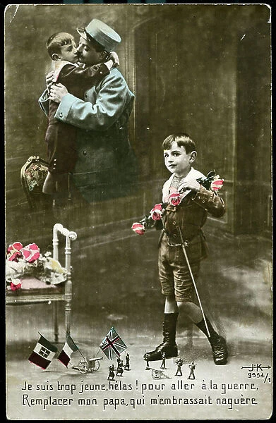 First World War: France, Postcard of a photo taken in the studio showing a child playing war with guns and gunmen and lamenting about his age: 'I am too young helas to go to war to replace my dad who once kissed me', 1917