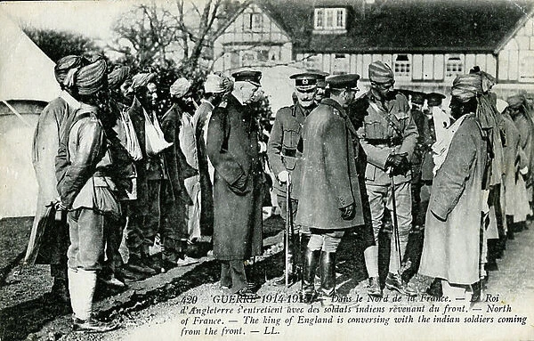 First World War: France, Postcard showing King England talking to Indian soldiers, 1914
