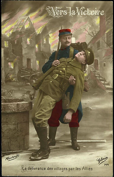 First World War: Patriotic Map showing a French soldier rescuing a Belgian soldier during a battle in a village, 1914, Boulanger