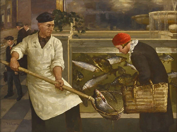 In a Fish Shop par Klever, Juli Julievich, the Younger (1882-1942). Oil on canvas, size : 130x176, 1938, State Museum- and exhibition Centre ROSIZO, Moscow