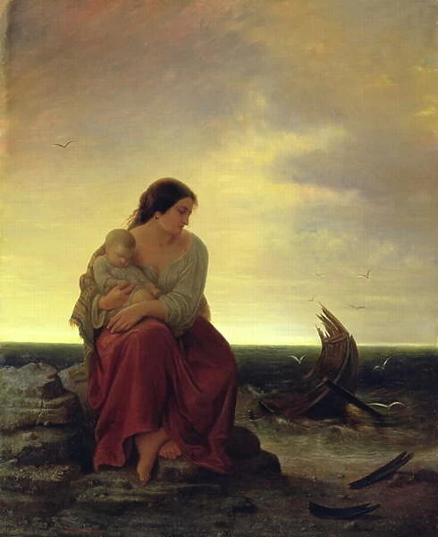 Fishermans Wife Mourning on the Beach (oil on canvas)