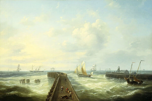 Fishing Boats off a Jetty at Ostend, (oil on canvas)