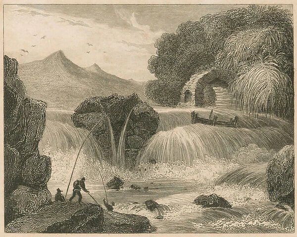 Fishing for salmon at the river (engraving)