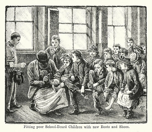 Fitting poor School-Board Children with new Boots and Shoes (engraving)