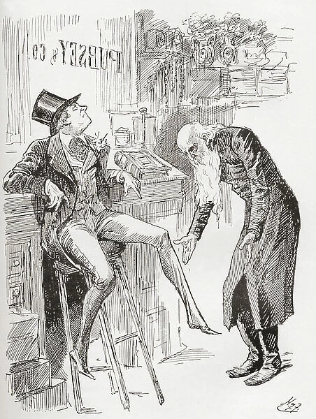 Fledgeby and Mr. Riah in the Counting House. 'Perched on the stool with his hat cocked on his head and one of his legs dangling, the youth of Fledgeby hardly contrasted to advantage with the age of the Jewish man, with his bare head bowed