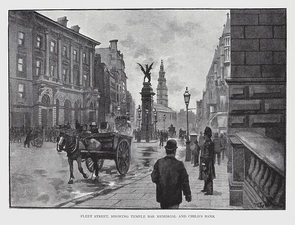 Fleet Street, showing Temple Bar Memorial and Childs Bank (litho)