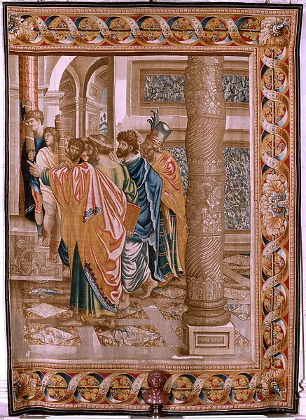 Flemish tapestry. Series Acts of the Apostles. Elymas struck blind (La ceguera de Elymas). Seventh tapestry in the series. Model Cartoon by Rafael Sanzio. 1519. Manufacture Jan Raes II, Brussels. Ca 1605-1629. Fabric Silk and wool. Size 534 x 783 cm