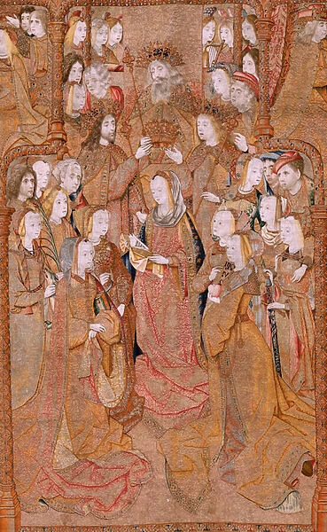 Flemish tapestry. Series Devotion of Our Lady or Golden cloths. The Coronation of the Virgin (La Coronacion de la Virgen). Fourth tapestry in the series. Model Cartoonist from the circle of Colyn de Coter. Manufacture Pieter van Aelst, Brussels