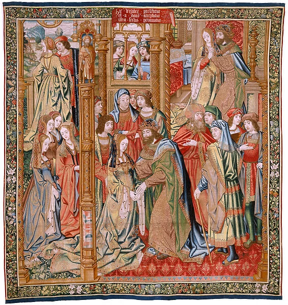 Flemish tapestry. Series The History of David and Bathsheba. Marriage of David and Bathsheba (Casamiento de David y Betsabe). Second panel of the series. Model Anonymous. Manufacture Unknown, Brussels. 1505. Fabric Gold, silk and wool