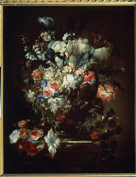 'Fleurs'(Flowers). Nature morte. Peinture de Jean Baptiste (Jean-Baptiste) Monnoyer (1636-1699). Huile sur toile. Art francais, style baroque. Musee des Beaux Arts Pouchkine, Moscou