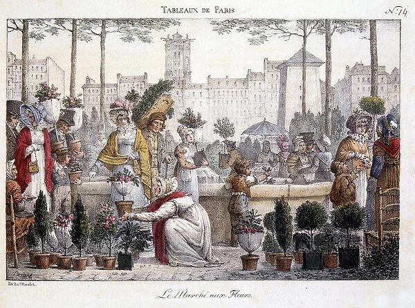 The flower market - lithography by Brocas, 19th century