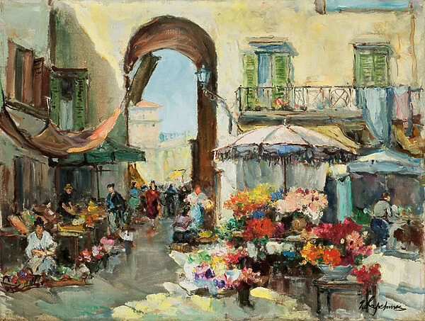 A Flower Market in Nice (oil on canvas)