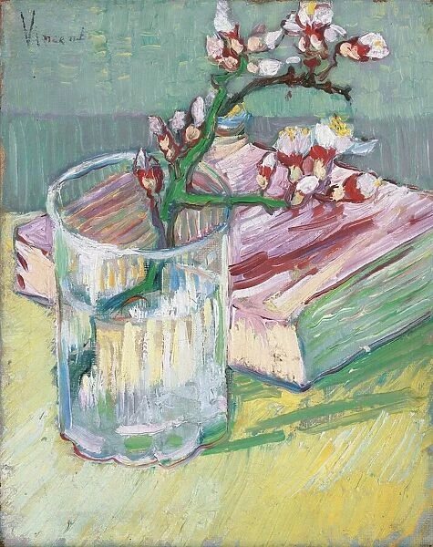 Flowering almond branch in a glass with a book, 1888 (oil on canvas)